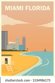 miami florida vintage poster. summer in a beach with city landscape flat design
