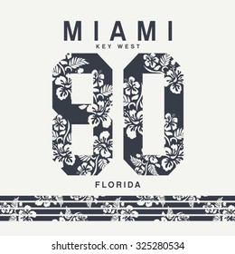 Miami flowers sport typography, t-shirt graphics, vectors, surf 