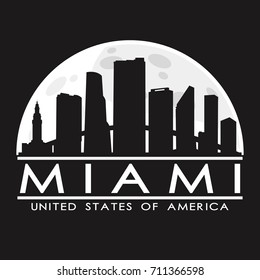 Miami Full Moon Night Skyline Silhouette Design City Vector Art