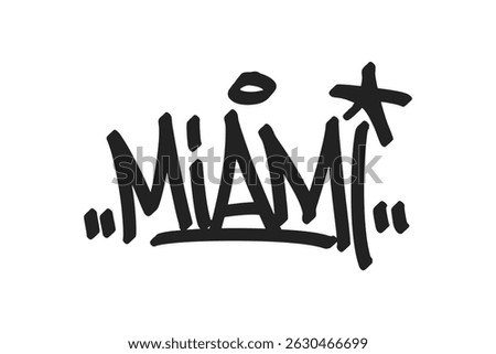 Miami graffiti tag in bold black lettering on white background. Clean urban style, perfect for vibrant city culture, beach vibes, and creative street art projects.