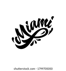 Miami handwritten word isolated on white background for print, sticker, poster, logo, card, t-shirt. Modern brush ink calligrapy, hand lettering. Vector illustration, decorative inscription, script.