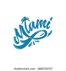 Miami handwritten word with palm tree like letter "i" isolated on white background for print, sticker, poster, logo, card. Modern brush ink calligraphy, hand lettering. Vector illustration