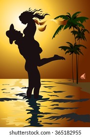 Miami. He and she against the backdrop of palm trees and setting sun