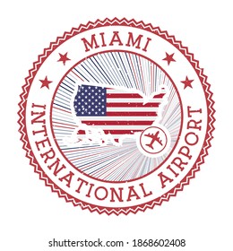 Miami International Airport stamp. Airport logo vector illustration. Miami aeroport with country flag.