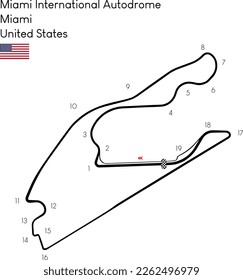 "Miami International Autodrome" in Miami, Vereinigte Staaten. Vektorkunst-Schaltung mit realen Asphalt-Grenzen, Drehungen und Umdrehungen Namen. Rennstrecke und Formel-Version. Miami GP.