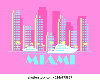Miami landscape in vintage style. Skyscrapers with palm trees and yachts. City banner for print, posters and promotional materials. City logo. Vector illustration