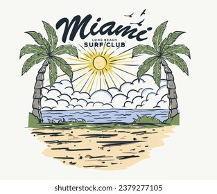 Miami long beach. Beach good vibes retro t-shirt print design. Summer vibes t-shirt artwork. Palm tree with beach mountain. Ocean wave. Tropical paradise.