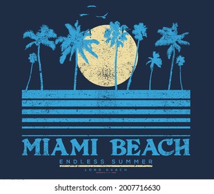 Miami long beach summer time artwork. Palm tree graphic print design. 