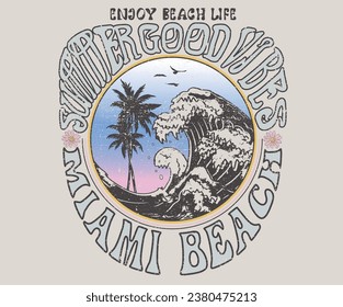 Miami long beach. Surfing club vintage artwork. Beach good time retro t-shirt print design. Beach vibes t-shirt artwork. Palm tree, Enjoy summer time vector design.