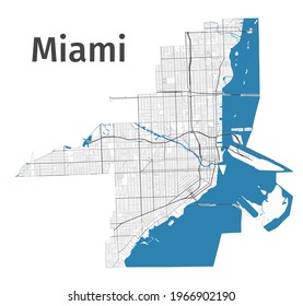 Miami map. Detailed map of Miami city administrative area. Cityscape panorama. Royalty free vector illustration. Outline map with highways, streets, rivers. Tourist decorative street map.