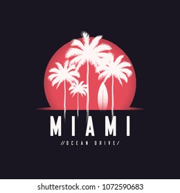 Miami Ocean Drive tee print with palm trees, t shirt design, typography, poster, vector illustration.