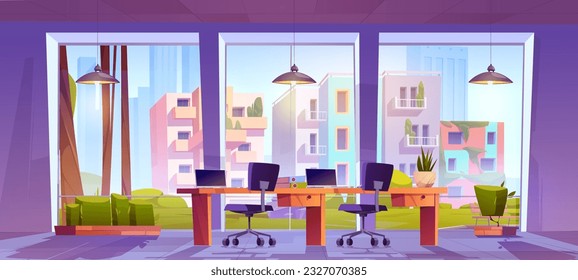 Miami office interior with open space work room vector background. Computer desk and armchair in modern business building with sunny american skyscraper view. Corporate glass wall workstation in city