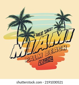 Playa Miami Palm en Florida, eslogan de playa con ilustraciones de palmeras, Obra Vectora de Playa para verano, diseño gráfico vintage de Beach vibes para prendas de vestir y otros.