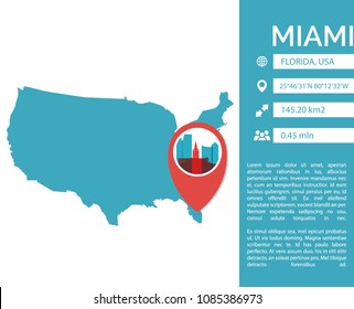 Miami pin point map shape vector infographics template. Modern city data statistic isolated illustration