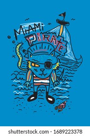 Miami Pirate, T-Shirt Design Cats Vektorillustration Illustration für Kinder