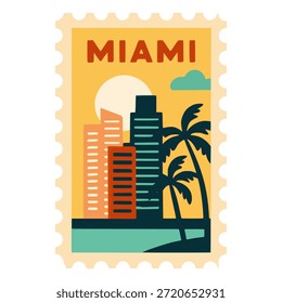 miami postage stamp mail letter flat color vector illustration template design