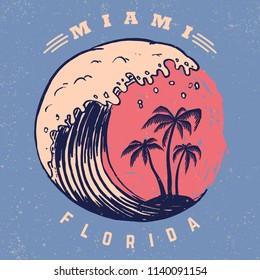 Miami. Poster template with lettering and palms. Vector image
