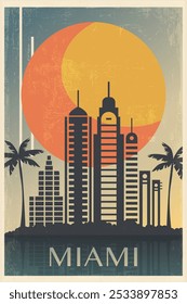 Miami retro city poster with abstract shapes of skyline, buildings. USA, Florida state vintage travel vector illustration, cityscape at sunrise, sunset