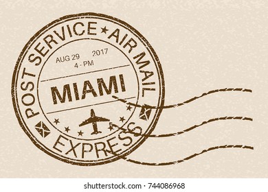 MIAMI round postmark for envelope on beige background. Vector illustration