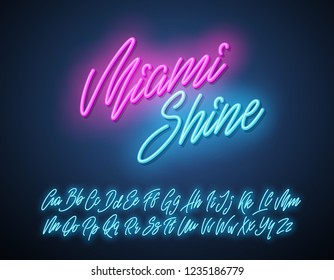 Miami Shine Neon Script Alphabet. Vector Font.