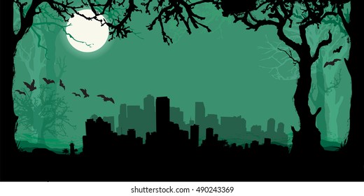 Miami Silhouette Skyline with scary forest