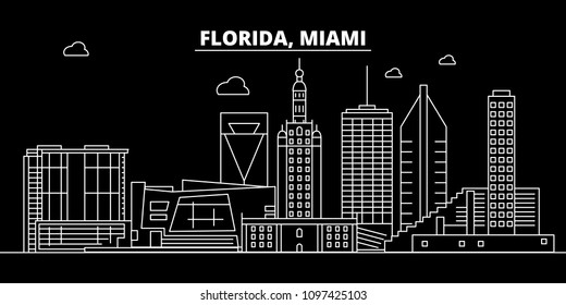 Miami silhouette skyline. USA - Miami vector city, american linear architecture, buildings. Miami travel illustration, outline landmarks. USA flat icon, american line banner