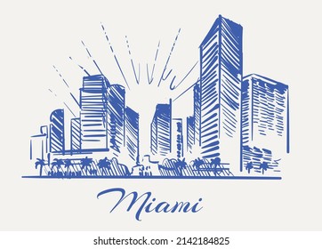 Miami sketch skyline. Miami hand drawn vector illustration. Isolated on white background.