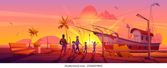 Miami Himmel Sommer Sonnenuntergang in Orange Ozean Landschaft. Familienfischen auf dem Boot in der Abendkreuzfahrt. Meerestourismus mit Kindern, Vater und Fischern. in der Nähe des Schiffes. Schöne tropische Natur Paradies Panorama