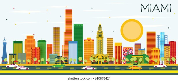 Miami Skyline with Color Buildings and Blue Sky. Vector Illustration. Business Travel and Tourism Concept with Modern Architecture. Image for Presentation Banner Placard and Web Site.