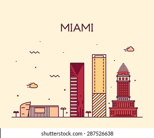 Miami skyline, detailed silhouette. Trendy vector illustration, linear style.