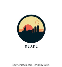 Miami skyline, downtown panorama logo, logotype. USA, Florida state round badge contour, isolated vector vintage pictogram with monuments, landmarks