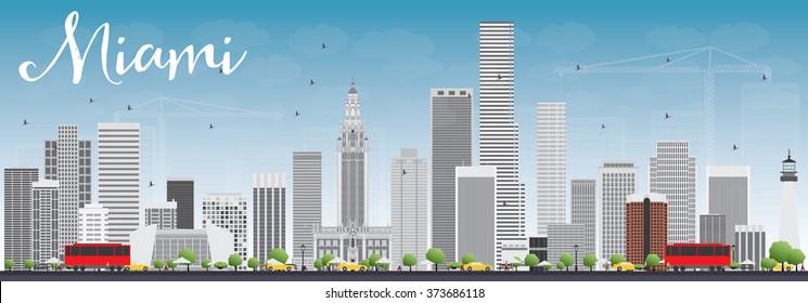 Miami Skyline with Gray Buildings and Blue Sky. Vector Illustration. Business Travel and Tourism Concept with Modern Buildings. Image for Presentation Banner Placard and Web Site.