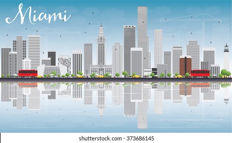 Skyline de Miami con edificios grises, cielo azul y reflexiones. Ilustración vectorial. Concepto de viajes de negocios y turismo con edificios modernos. Imagen para Presentación Placard Banner y Sitio Web.