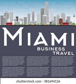 Miami Skyline with Gray Buildings, Blue Sky and Copy Space. Vector Illustration. Business Travel and Tourism Concept with Modern Buildings. Image for Presentation Banner Placard and Web Site.