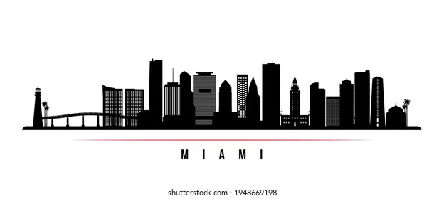 Miami skyline horizontal banner. Black and white silhouette of Miami, Florida. Vector template for your design. 