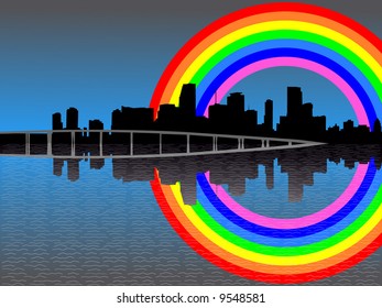 Miami skyline reflected with colourful rainbow illustration