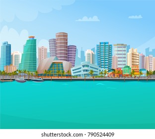 Miami Skyline Retro Poster With Famous City Landmarks Luxury Waterfront Houses Real Estate Buildings Towers Vector Illustration 