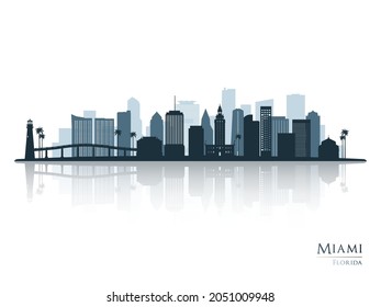 Miami skyline silhouette with reflection. Landscape Miami, Florida. Vector illustration.