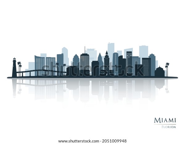 Miami Skyline Silhouette Reflection Landscape Miami Stock Vector ...