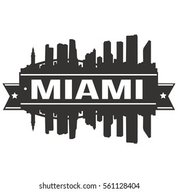 Miami Skyline Silhouette Stamp City. Reflection Landscape City Design. Vector Cityscape Icon.  
