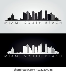 Miami South Beach, Florida skyline y silueta de monumentos, diseño blanco y negro, ilustración vectorial.  