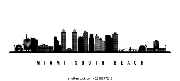 Miami South Beach skyline horizontal banner. Black and white silhouette of Miami South Beach, Florida. Vector template for your design. 