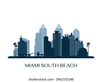 Miami South Beach skyline, monochrome silhouette. Vector illustration.