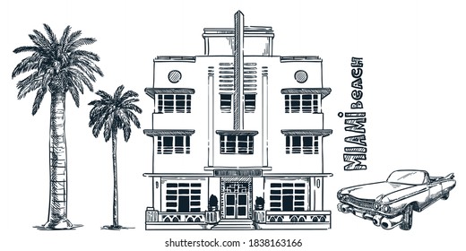 Miami street with vintage building, retro car and palms isolated on white background. Vector doodle sketch illustration. Florida vacation hand drawn design elements