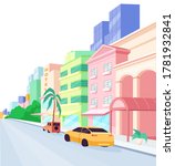 Miami streets flat color vector object. Florida architecture and lifestyle. Modern buildings and luxury cars. isolated cartoon illustration for web graphic design and animation