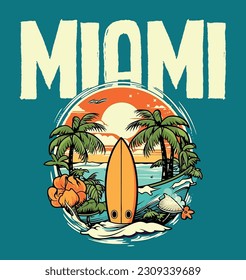 Miami Summer Icons Insel Palm Surfbrett Surfwelle für T-Shirt