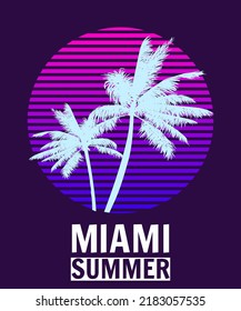 Miami Summer sunset print t-shirt design. Poster palm tree silhouettes