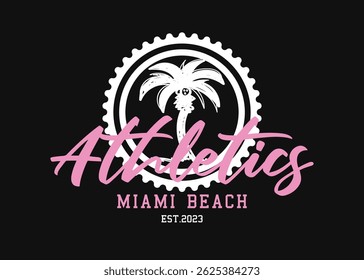Miami summer vacation concept vintage quote slogan text and palm tree. Vector illustration design for fashion graphics, t shirt, slogan tees, posters, print.