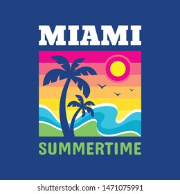 Miami summertime - badge design for t-shirt. Logo in vintage style. Summer, sun, palm tree, sea wave. Vector illustration. 