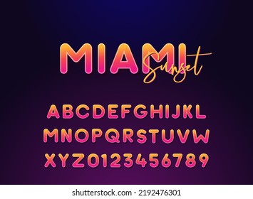 Miami Sunset Lettering Typography Round Alphabet. Vector Font For Summer, Night, Clubbing Events